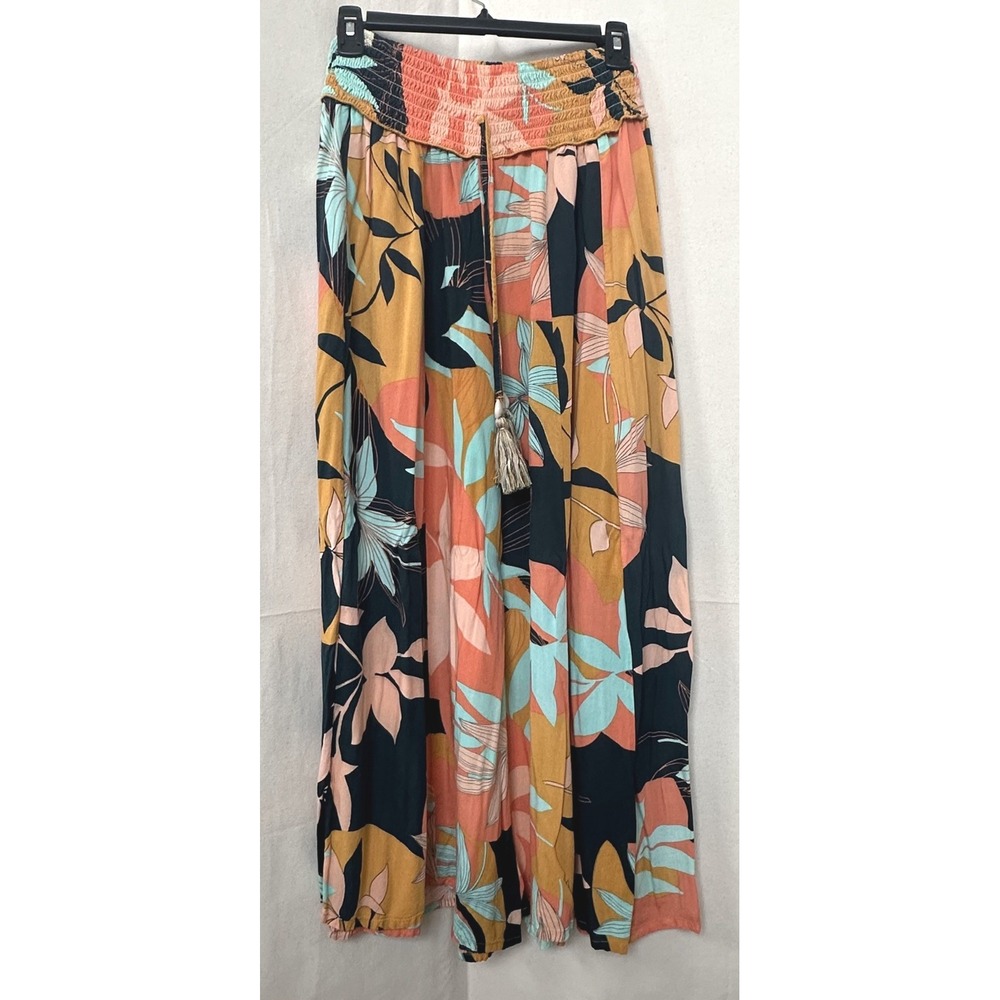 True Destination Beachy Resort Palazzo Tropical Wide Leg Smocked Tassel Pants XS